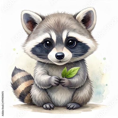 Cute baby raccoon with fluffy striped tail holding green leaf in soft watercolor woodland setting
