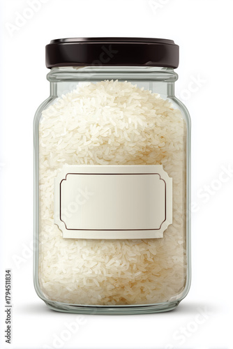Glass jar of rice with vintage label