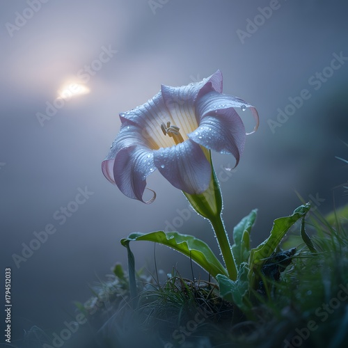 Delicate Purple Flower with Dew Drops in Misty Morning Light water