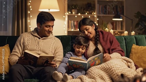 Joyful Indian Family Reading Books on a Cozy Sofa, Enjoying a Peaceful Evening Together with Warm Ambient Lighting