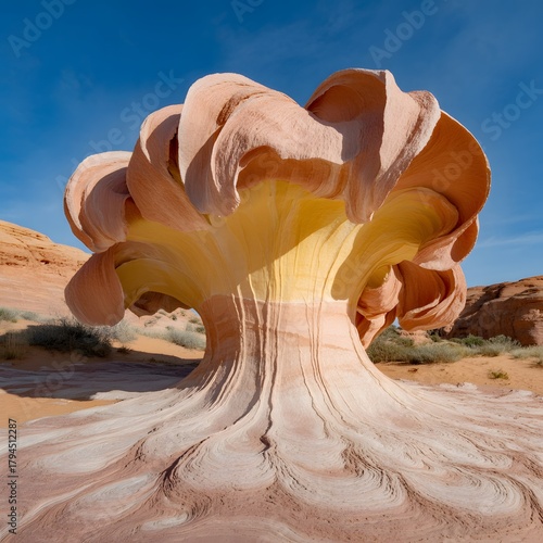 Ethereal Sandstone Formation Shaped Like a Mushroom in a Desert Landscape rock formation nature