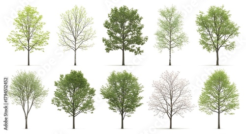 Diverse deciduous tree collection, isolated on white background.