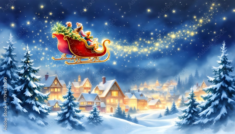 Naklejka premium Sleigh ride through a magical winter village during Christmas night under a starlit sky Generative AI