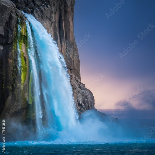 Majestic Waterfall Cascading Down Rugged Cliffs into the Ocean at Dusk cascade rock