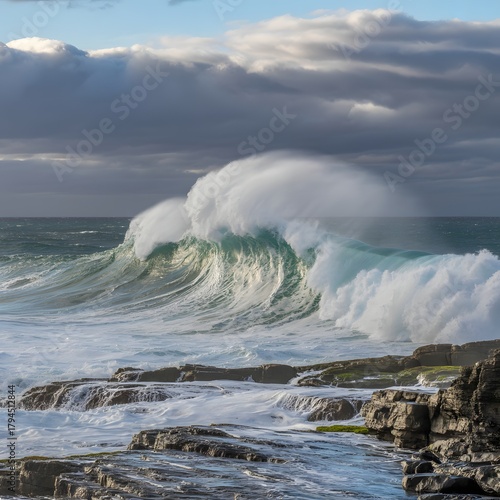Powerful ocean wave crashing against rocky coastline under dramatic sky water nature