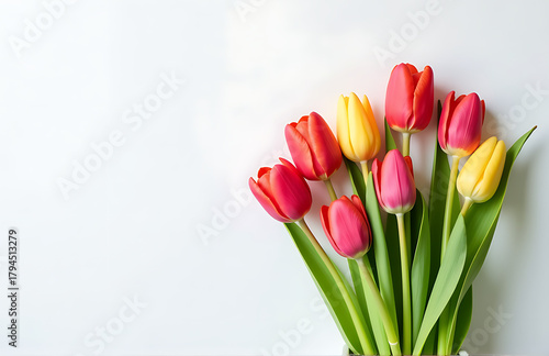 minimalist still life setup featuring cluster vibrant tulips crisp white background captured flat lay composition