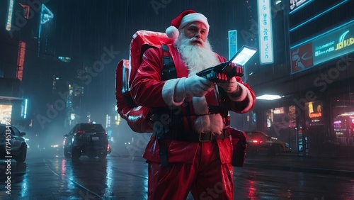 Santa Claus stands confidently on a busy city street, dressed in bright red, preparing for Christmas Eve delivery in the rain Generative AI