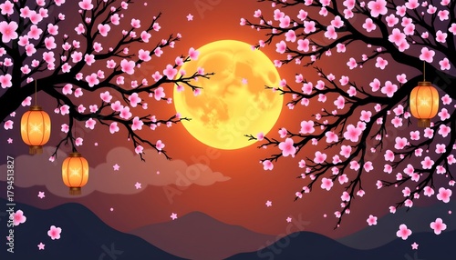 Serene Night with Cherry Blossoms and Lanterns