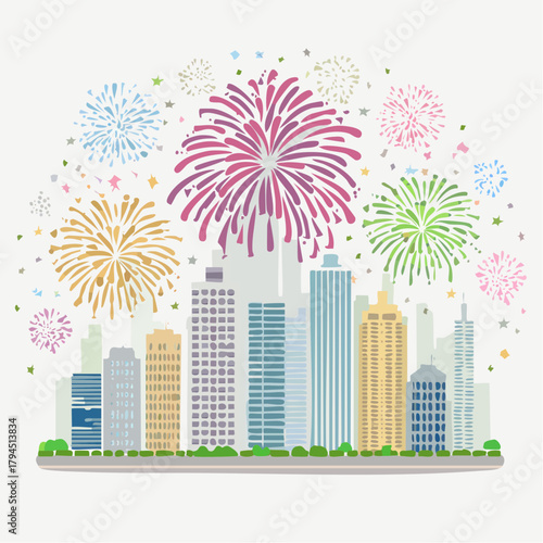 Colorful fireworks exploding over a modern city skyline at night, celebrating an event.