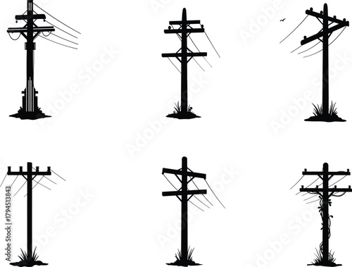 Flat vector illustration of utility poles with transformers, insulators, wires, bird, vegetation, urban infrastructure silhouette