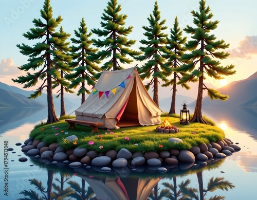Whimsical Camping Scene Small Island Golden Hour