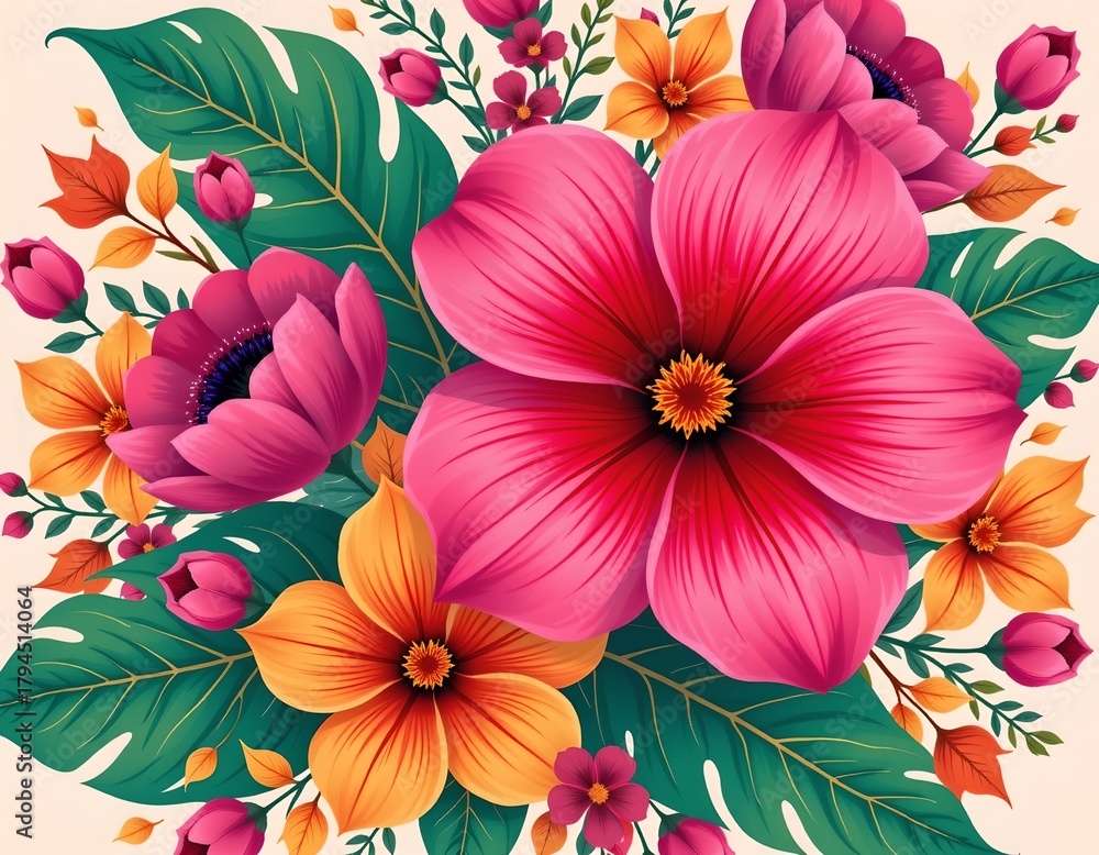 Fototapeta premium Vibrant Floral Arrangement with Autumn Foliage Pastel Background