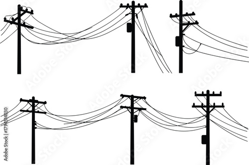 Flat vector illustration of utility poles with power lines, transformers, junction boxes, urban electrical infrastructure silhouette