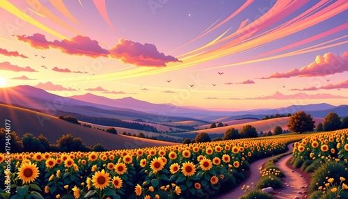 Vibrant Sunrise Over Sunflower Field with Mountain View