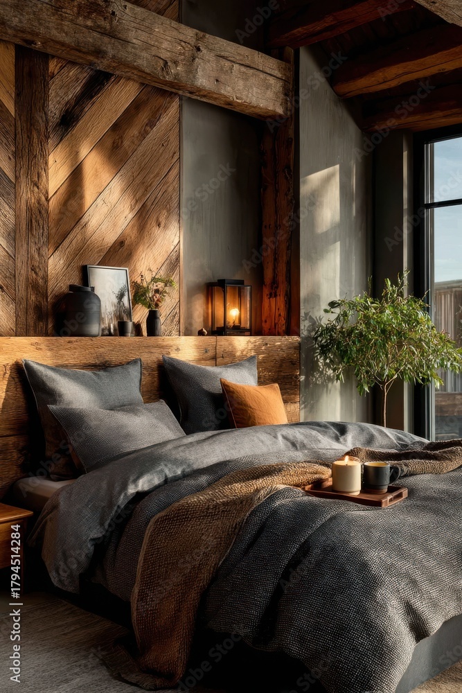 Fototapeta premium Cozy rustic bedroom with wood paneling, warm lighting, and soft bedding for a tranquil, relaxing retreat