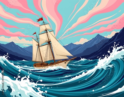 Vibrant Vintage Sailing Ship Amid Choppy Turquoise Waters
