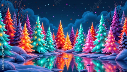 Vibrant Winter Forest with Glowing Trees and Sparkling Lights