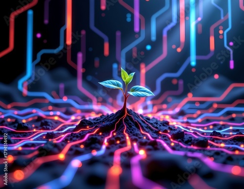 Futuristic Seedling with Digital Data Network Background