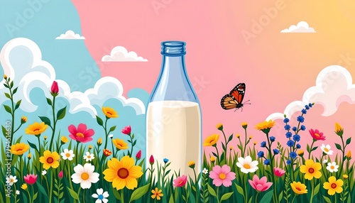 Vibrant Handdrawn Milk Bottle Lush Garden Scene