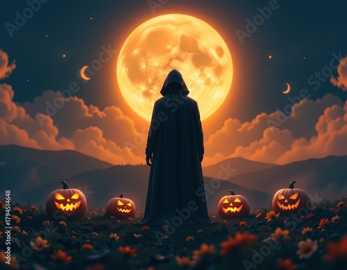 Enchanted Autumn Night with Silhouette and Pumpkin Decor