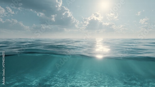 Fototapeta Naklejka Na Ścianę i Meble -  Underwater Sea - Deep Water Abyss With Blue Sun light water, ocean, light, sea, underwater, blue, deep