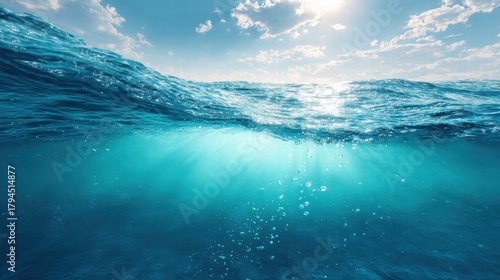 Fototapeta Naklejka Na Ścianę i Meble -  Underwater Sea - Deep Water Abyss With Blue Sun light water, underwater, blue, deep, sea, light, ocean