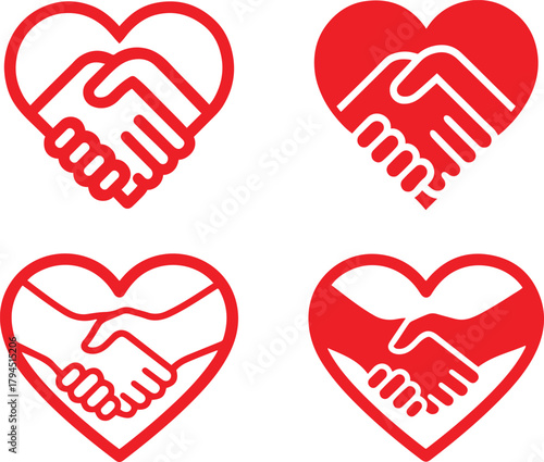 Abstract heart icon set. Red handshakes with heart vector on white background.
