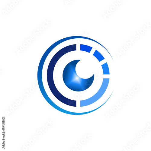 Abstract blue eye logo with concentric circles and segmented outer ring.