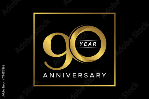 Elegant 90th Anniversary Celebration Logo with Golden Numerals and Square Frame.