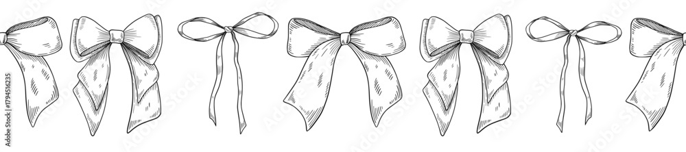 Obraz premium Vector Bow seamless border painted in linear style. Outline drawing of pattern with tied Ribbons. Etching of banner for Birthday greeting cards or Christmas invitations. Engraving for party banner.