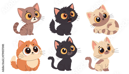 Cute cartoon cats with different emotions. Vector illustration isolated on white background.