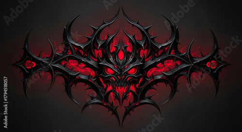 A menacing dark metal design with red glowing eyes and sharp spikes on a dark background art