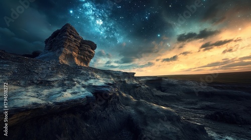 Stunning night sky over rocky landscape with vibrant colors and stars shining bright, a peaceful and beautiful natural scene.