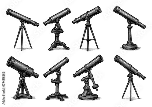 Vintage telescopes collection in engraved style for astronomy enthusiasts