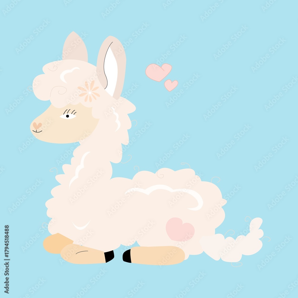 Naklejka premium Cute white lama cartoon with hearts on blue background. Adorable alpaca illustration for kids, nursery, prints, or greeting cards. Illustration in pastel colors