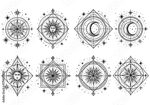 Intricate celestial designs featuring sun and moon in geometric patterns