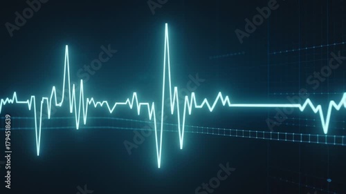 Futuristic EKG heartbeat line pulsing on dark medical technology background in motion
