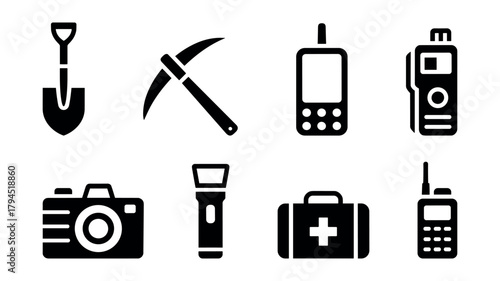 Black Survival and Communication Gear Icons Set Isolated on White Background