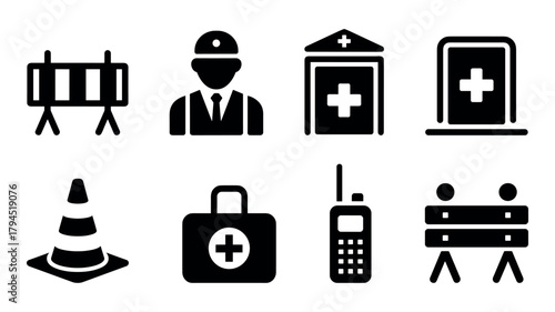 Set of eight black icons representing safety and medical services