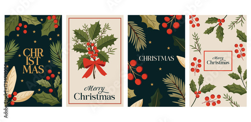 Wallpaper Mural Christmas Card Vector Set with Holly and Berries. Torontodigital.ca