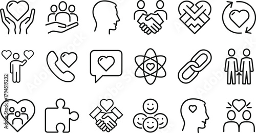 relationships, teamwork, Love, friendship and social connections concept editable stroke outline icons set.