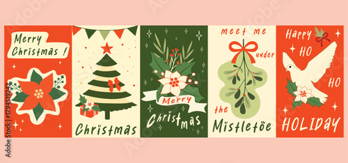 Christmas Holiday Vector Set, Poinsettia, Tree, Mistletoe, and Dove Illustrations.