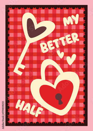 Vintage Valentine's Day Card: Heart Lock and Key on Red Gingham Pattern - "My Better Half"