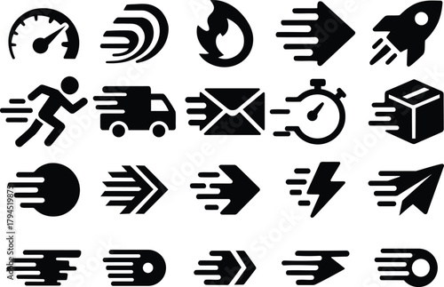 Set of Express Speed and Fast Delivery Black Icons. Concepts of speed, quickness, express delivery, and fast movement. Perfect for logistics, urgent service, performance, and velocity themes.