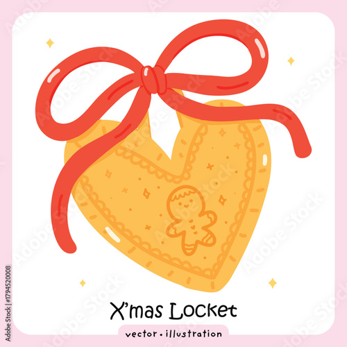 Cute Cartoon Heart Locket with Red Ribbon and Merry Xmas Inscription - Vector illustration