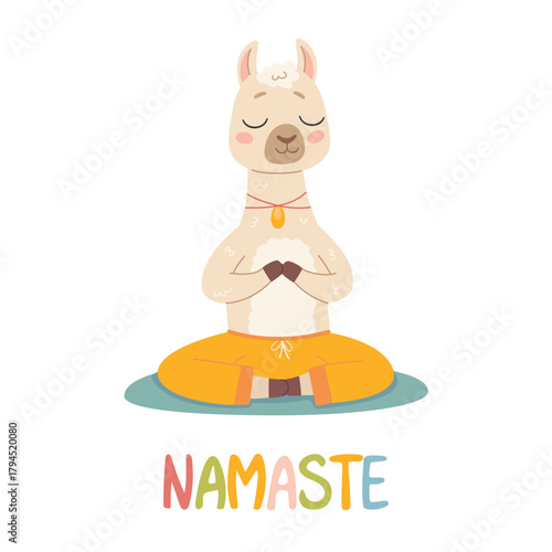 Cute lama in a yoga pose on a white background. Cute children's style. Cute relaxed llama in meditation pose. Alpaca. Vector illustration in cartoon style