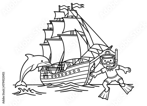 Snorkeler in diving gear swims near a playful dolphin beside a majestic sailing ship, creating an adventurous underwater scene for coloring enthusiasts