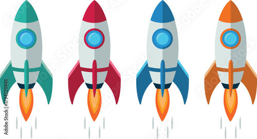 Set of four minimalist flat cartoon rockets icons.  Launching simple, cartoon style rockets in different colors red, blue, cyan, orange, taking off. 