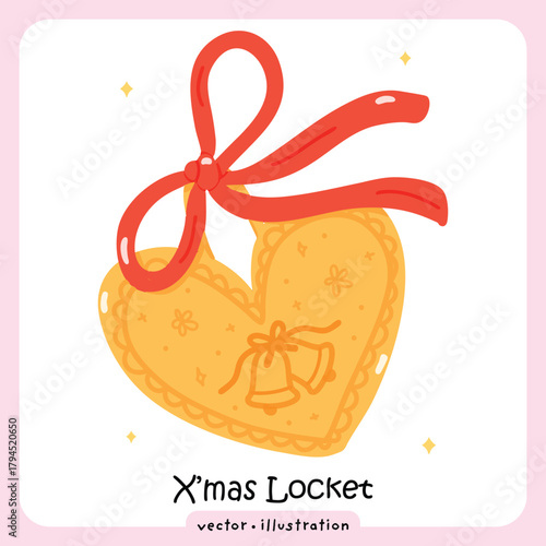 Cute Cartoon Heart Locket with Red Ribbon and Merry Xmas Inscription - Vector illustration