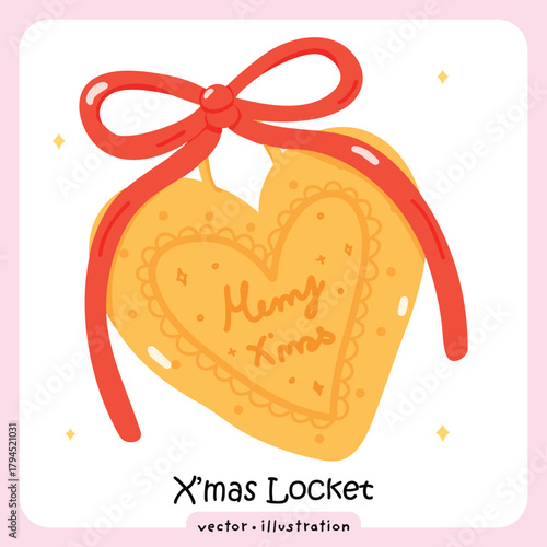 Cute Cartoon Heart Locket with Red Ribbon and Merry Xmas Inscription - Vector illustration